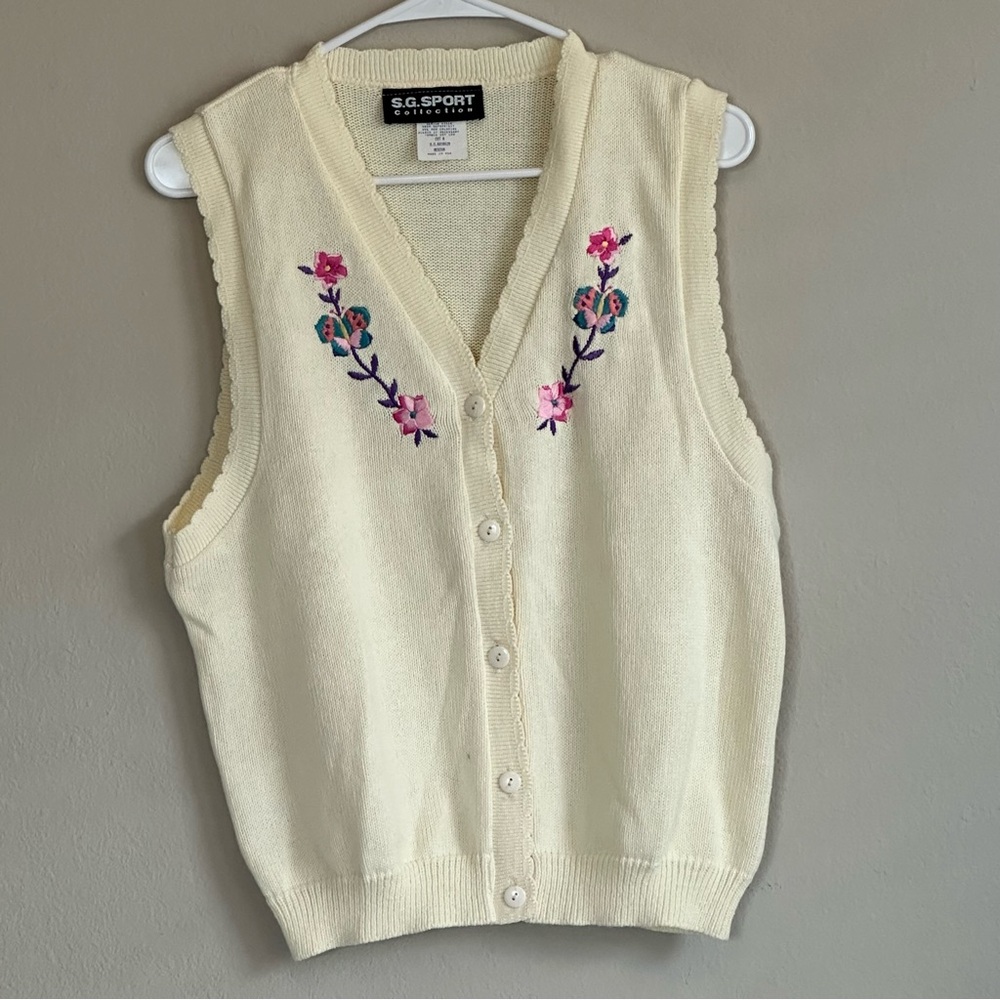 Vintage Cream Sweater Vest Floral Butterfly Embroidery M Soft Girl Cottagecore